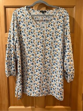 Mario Serrani White Floral V-Neck Blouse with Blue and Mustard Flowers